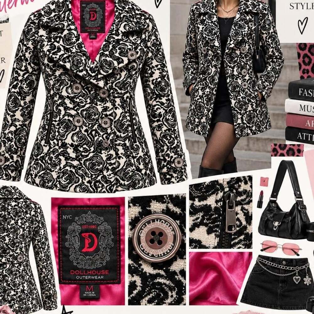 Dollhouse Rose Print Double Breasted Coat M Black Ivory Floral Y2K Whimsigoth